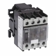 This 4-pole non-reversing IEC contactor is rated for 25 A with a 240V AC coil and features 2 normally open and 2 normally closed contacts. It is used for remote switching of motors, lighting, and other industrial loads, such as conveyors and pumps, where separate control and power circuits are required.