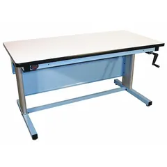 This open-base workstation features a blue laminate top measuring 72 inches by 30 inches. It supports an overall load capacity of 330 pounds, suitable for assembly, maintenance, and lab tasks. The adjustable-height design accommodates various working positions.