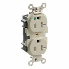 This duplex receptacle is rated 125V AC, 20 A, with a 5-20R configuration and 2 pole/3 wire design. It is suitable for use in healthcare facilities and other settings requiring hospital-grade receptacles. The ivory finish provides a neutral appearance for various interior environments.