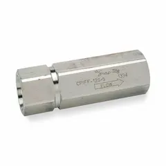 Steel-bodied inline check valve with 3/4 in - 16 UNF inlet and outlet connections. Prevents reverse flow in hydraulic and pneumatic systems. Suitable for general-purpose industrial applications requiring a 5,000 psi rated valve.