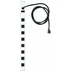 Industrial power strip with 8 outlets, 6 ft cord, and 15 A rating. Clip mounting style for secure attachment in workshops, factories, and maintenance areas. Not UL rated for healthcare.