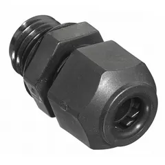 Straight nylon cable grip with M12 box connection, accepting cord diameters from 0.12 to 0.25 inches. Rated IP66 and Class I, Division 2 for hazardous locations. Black nylon body, 5/8 inch length from box to end of connector. Used to seal and strain-relieve electrical cables entering enclosures in industrial environments.