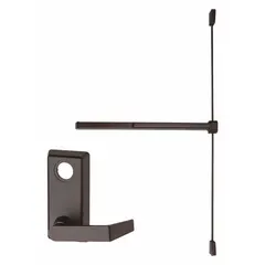 Rim-type exit device with touchbar for doors up to 4 ft wide. Bronze finish, lever outside trim. ADA compliant for accessible egress in commercial and industrial buildings.