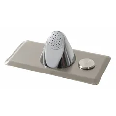 Centerset brass faucet with chrome finish, operated by manual button. Requires 9V DC plug-in power source and single tempered water supply line. Suitable for commercial restroom installations where hands-free or push-button operation is needed.