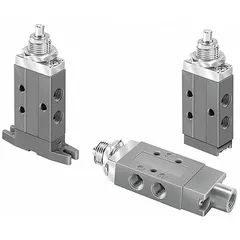 This manual air control valve features a four-way, two-position spool design with spring return. The plunger actuator provides manual operation for directing compressed air in pneumatic systems. The valve has a 1/8-inch female NPT port and an aluminum body.