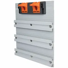 This tool bucket apron is designed for use in aerial bucket storage modules, keeping tools and accessories organized and within reach. It is constructed from UV-resistant plastic in a black, gray, and orange color scheme. Dimensions are 2 5/16 inches wide by 14 inches high.