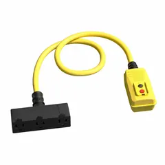 Manual-reset ground fault circuit interrupter cord with 2 2/5 ft length, 12/3 gauge, and 15 A current rating. Features a 5-15P NEMA plug and 5-15R NEMA receptacle, operating at 125V AC. Provides portable ground fault protection for power tools and equipment in industrial settings.