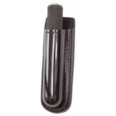 This duty equipment pouch is constructed from synthetic polymer with a high gloss black finish. It is designed to fit belts up to 2 1/4 inches wide. Commonly used by law enforcement and security personnel for carrying a baton on a duty belt.