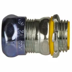 Steel compression conduit connector with 1/2 in trade size and 1 17/32 in overall length. Insulated throat protects wire insulation. Rain-tight design suitable for outdoor or wet locations. Gray finish.
