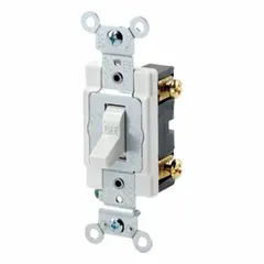 This single-pole maintained toggle wall switch is rated 20 A at 120/277V AC. It provides on/off control of lighting or other loads from one location. Suitable for commercial and industrial environments where high-capacity switching is required. Color: white.