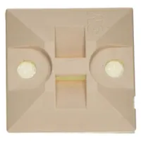Adhesive mount cable tie base for securing miniature, intermediate, and standard cable ties to flat surfaces. Beige, with 0.06 in slot height and 0.21 in slot width. Measures 1 in L x 1.2 in W x 0.15 in H. Pack of 500