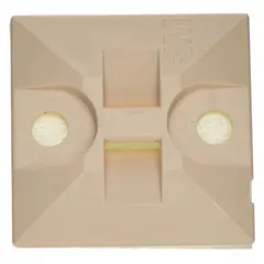 Adhesive mount cable tie base for securing miniature, intermediate, and standard cable ties to flat surfaces. Beige, with 0.06 in slot height and 0.21 in slot width. Measures 1 in L x 1.2 in W x 0.15 in H. Pack of 500.