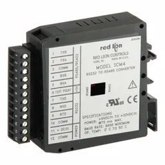 DIN rail-mountable serial converter module with selectable baud rates for flexible industrial communication. Overall depth of 0.98 inches. Used to convert serial signals in automation systems, connecting PLCs, HMIs, and other control equipment.