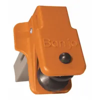 This fluid line banjo stopper clamp is used in fleet and vehicle maintenance to securely cap or stop fluid lines during service or repair. It measures 1 inch in length and 5 inches in width, with a gray and orange finish. Suitable for use on hydraulic, fuel, or coolant systems to prevent leaks and contamination