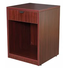 This REGENCY fax and printer stand is constructed of laminate/PVC in a mahogany finish. It provides a stable surface for office printers and fax machines. Overall dimensions are 21 inches wide, 21 inches deep, and 29 inches high.
