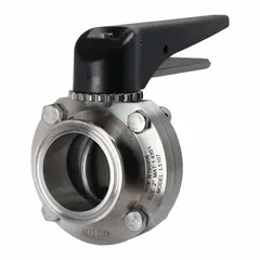 This 3-A certified butterfly valve features a 304 stainless steel body and disc with an average surface roughness of ≤ 32 micron, suitable for sanitary processing. It has a 4-inch clamp connection, lever handle with 24 stop positions, and FKM seal. Maximum pressure rating is 85 psi (CWP).