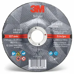 This depressed center cut-off wheel is designed for cutting carbon and stainless steel. The ceramic abrasive and 36 grit provide cool-cutting action. It measures 5 inches in diameter, 0.045 inch thick, with a 7/8 inch arbor hole. Suitable for metal fabrication, maintenance, and repair tasks.