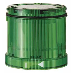Multimode light module for visual signaling on industrial equipment. Provides flashing, steady, and strobe light patterns. Green lens, 115V AC operating voltage, 70 mm overall diameter. Compatible with KombiSIGN 71 series.