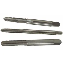 This three-piece hand tap set includes taper, plug, and bottoming taps for cutting internal metric threads in metal parts. Thread size is M20x2.5 Metric, class D7 / 2B, with 4 flute design. Made from high speed steel (HSS). Suitable for progressive threading in maintenance, repair, and production applications.