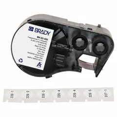 Thermal transfer precut label roll cartridge with 240 square labels, 1/2 inch, cryogenic polyester, black on white. Designed for vial/tube sizes 1.5 to 2.0 mL. Compatible with Brady M410 printer series.