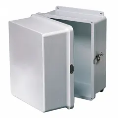 Fiberglass submersible enclosure with screw-on solid cover and padlock hasp closure. Measures 16 x 14 x 12 inches. Rated NEMA 1/12/3R/4X/6P for indoor, outdoor, washdown, and submersible applications. No knockouts included.