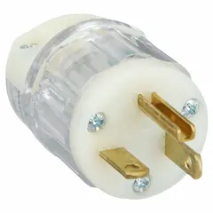 This status-indicating plug features a clear housing for visual inspection of connections. Rated 125V AC and 20 A with a NEMA 5-20P configuration, it has 2 poles and 3 blades. Suitable for applications requiring a grounded power connection in commercial or institutional settings.