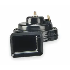 This WOLO electric horn produces a high tone at a maximum sound level of 115 dB. It operates on 12V DC and features a single painted black horn. The horn includes mounting hardware and wire terminals for installation. Suitable for use in passenger vehicles as an audible warning device.