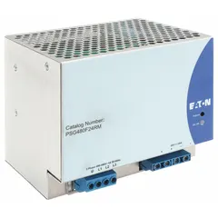 Three-phase DIN Rail mount DC power supply with aluminum housing. Accepts 400 to 500V AC input and delivers 960 W rated output power at 20 A, 24 VDC. Suitable for industrial control panels, automation systems, and machinery requiring stable DC power.