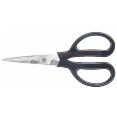 These plastic-handle scissors feature a 7-inch overall length with a partially serrated, pointed stainless steel blade. The ambidextrous handle accommodates left- or right-handed use. Suitable for cutting fabrics, textiles, and light materials in workshop or production settings.