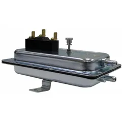 Adjustable set-point air pressure switch with auto reset, set-point range 0.05 to 12 in wc. SPDT contacts rated 28V DC. Housed in a conduit box with push-on terminals. Used in HVAC and industrial systems to sense differential air pressure for fan, damper, or filter control.