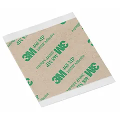 These adhesive transfer tape squares consist of a repositionable acrylic adhesive on a polycoated kraft paper liner. Each square measures 12 inches by 12 inches with a 5.2 mil thickness. Supplied in a 12-pack, they are used for bonding films, foils, and nameplates where a clean, adhesive-only bond is required, such as in sign making, graphics, and light assembly.