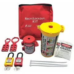 Portable lockout kit in a fabric pouch (3 in D x 7 in W x 8 in H) containing keyed different padlocks and plug encasing lockout devices. Includes (2) plug lockout devices and one large plug lockout (7100) with universal fit closure accepting up to 1-1/4 in diameter cord and 3 in W x 5-1/2 in L plugs, accommodating up to (3) padlocks with shackle diameter up to 9/16 in. Used for electrical lockout/tagout procedures to isolate equipment during maintenance.