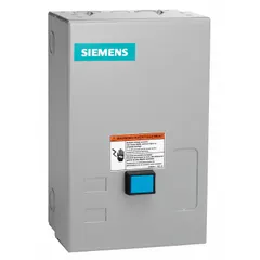 Enclosed non-reversing starter with electronic overload protection for three-phase motors. Features NEMA Size 1, 27 A rating, 3 poles, 208V AC coil, 1NO auxiliary contact, screw terminals, and a pilot light. Suitable for motor control in industrial applications such as conveyors, pumps, and compressors.