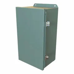 This steel washdown enclosure measures 14 x 8 x 6 inches and features a solid hinged cover secured by clamps. Rated NEMA 12/13/3R/4, it provides protection against dust, falling dirt, rain, sleet, and hose-directed water. Suitable for indoor or outdoor use in industrial environments. Knockouts are not included.