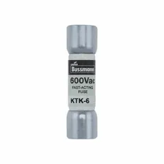 BUSSMANN KTK-6 is a 6 A, 600 V AC fast-acting midget fuse with a 13/32 in x 1 1/2 in non-indicating body. It provides overcurrent protection for sensitive circuits in control panels, motor starters, and power supplies.