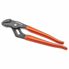 Flat-jaw tongue and groove pliers with serrated jaws and groove joint. Overall length 10 in, maximum jaw opening 1 5/8 in. Used for gripping and turning flat surfaces, nuts, and bolts in maintenance and mechanical tasks.