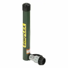 Single-acting hydraulic ram with 5 ton nominal capacity and 9 in nominal stroke. Constructed from steel. Used for lifting, pressing, or positioning loads in industrial maintenance, construction, and manufacturing applications.