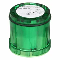 Green steady light module for the KombiSIGN 71 series. Provides a continuous visual signal for machine status or process indication. Operates on 24V DC. Overall diameter 70 mm, height 66 mm.