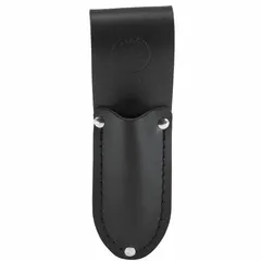 Black leather sheath with one open-top pocket for knives. Features a belt slot that fits belts up to 2 1/4 inches wide. Suitable for carrying a knife on a belt for quick access during tasks.