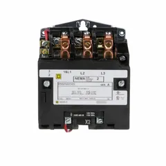 This SQUARE D contactor is a non-reversing NEMA magnetic contactor with 3 poles, NEMA Size 2, rated 45 A at 240V AC. It is used for switching electrical loads in industrial motor control applications, such as controlling motors, lighting, and heating circuits.