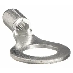 Non-insulated ring terminal rated for 2000V, accepting 18 AWG to 14 AWG wire with a 5/16 in stud size. Serrated barrel provides secure conductor grip. Used for terminating wires in control panels, machinery, and power distribution systems.