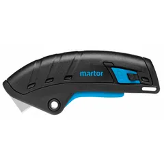 This fully automatic retracting utility knife features a textured plastic handle in black/blue with a quick-change blade mechanism. The blade retracts automatically when not in use, enhancing safety during cutting tasks. Suitable for cutting cardboard, shrink wrap, and packaging materials in warehouses and distribution centers.