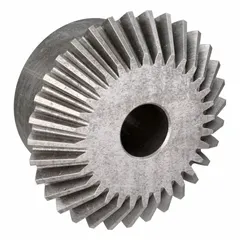 Steel straight teeth inch miter gear with 32 teeth, 1 in bore diameter, 20 pressure angle, and diametral pitch of 8. Used for transmitting motion and power between intersecting shafts at a 90-degree angle in industrial machinery such as conveyors, packaging equipment, and machine tools.