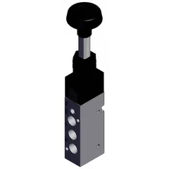 Manual air control valve with knob actuator, 5 ports, and 1/8 in NPT connections. Rated for maximum operating pressure of 0.7 MPa. Used to direct pneumatic flow in industrial automation, packaging, and material handling systems.