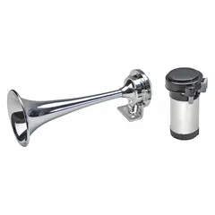 High-tone air-powered horn kit for boats, operating at 24V DC with a chrome-plated silver finish. Produces a 126 dB maximum sound level. Includes a 30 A relay for installation.