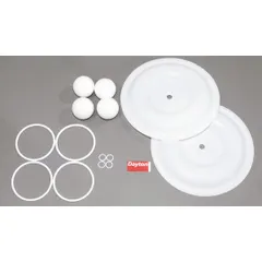 These repair kits contain PTFE seals and components for rebuilding the fluid end of industrial diaphragm pumps. They are used to restore sealing and pressure retention in water, chemical, and oil transfer applications. Consult the manufacturer's technical data sheet for dimensions and pressure ratings.