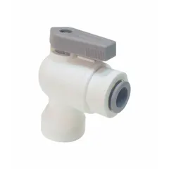 Manual two-way ball valve with a polypropylene angle body and one-piece design. Features a lever handle and Push x FNPT connections. Used for flow control in piping systems handling corrosive fluids, water treatment, and chemical processing.