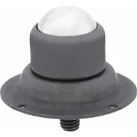 Ball transfer unit with a 1 1/8 in diameter ball and 200 lb load capacity. Features a flange and threaded-stud mount (3/8-16 thread) with 5/16 in projection. Used in material handling systems for omnidirectional movement of loads on conveyor transfer stations, workstations, and packaging lines