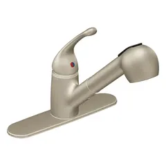 Single-post deck-mounted kitchen faucet in brass construction. Features a 1.5 gpm flow rate and requires one mounting hole. Suitable for residential and light commercial kitchen sink installations.