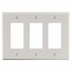 This HUBBELL wall plate is a 3-gang decorator-rocker model in almond color, made from polycarbonate. It is designed to cover and protect multiple decorator-style switches or receptacles in standard-size electrical boxes. Suitable for general-purpose use in commercial and residential installations.